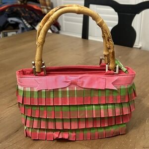 Braciano Top Handle Bag Womens Small Pink Striped Bamboo Bow Fringe Purse